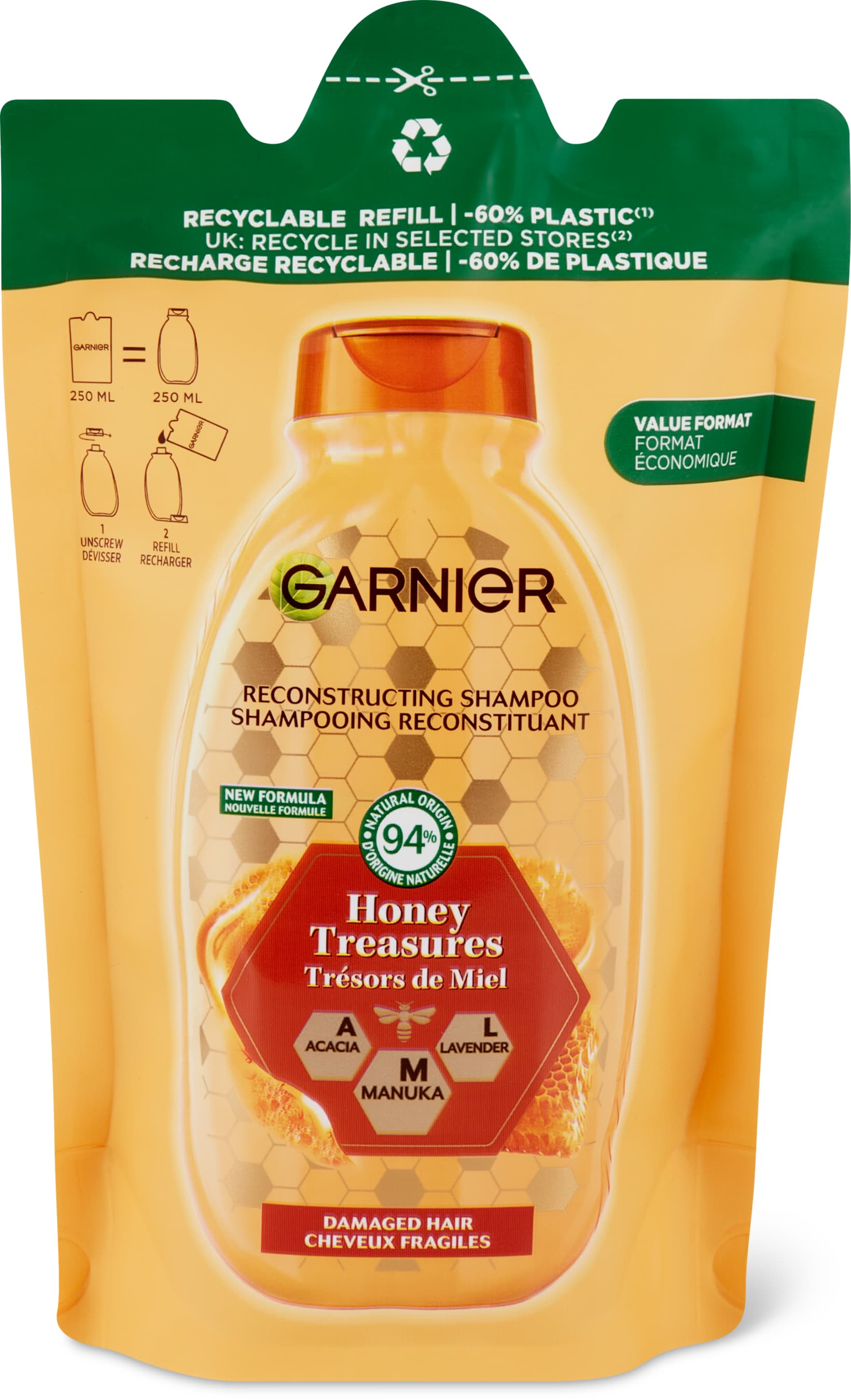 Garnier Honig Geheimnisse Shampoo geschädigtes Haar, Refill 250ml